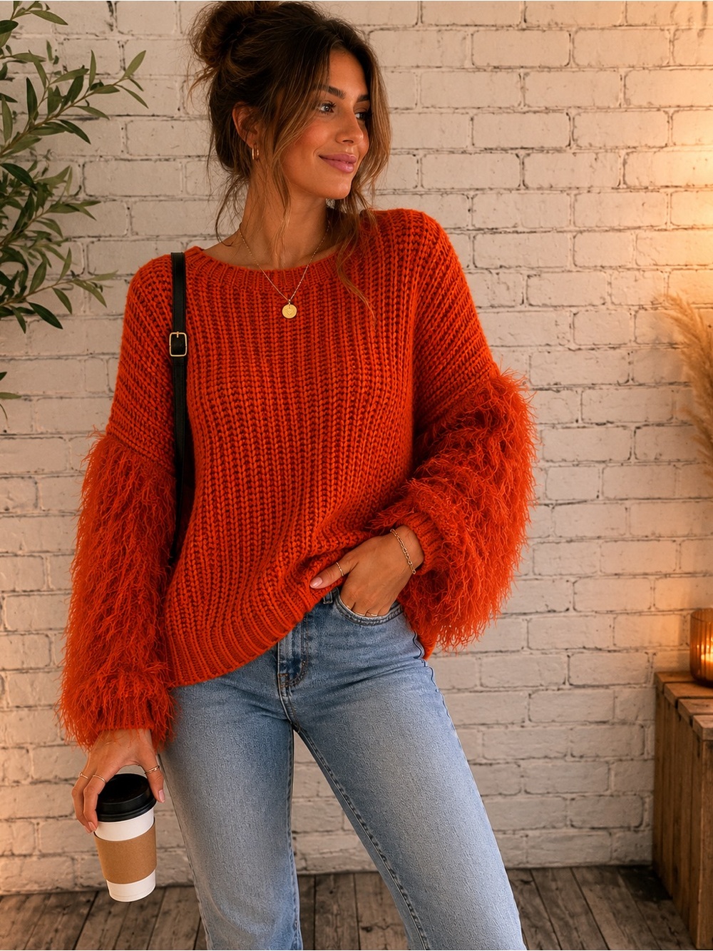 Promesa Orange Chunky Knit Sweater with Feathered Sleeve Detail